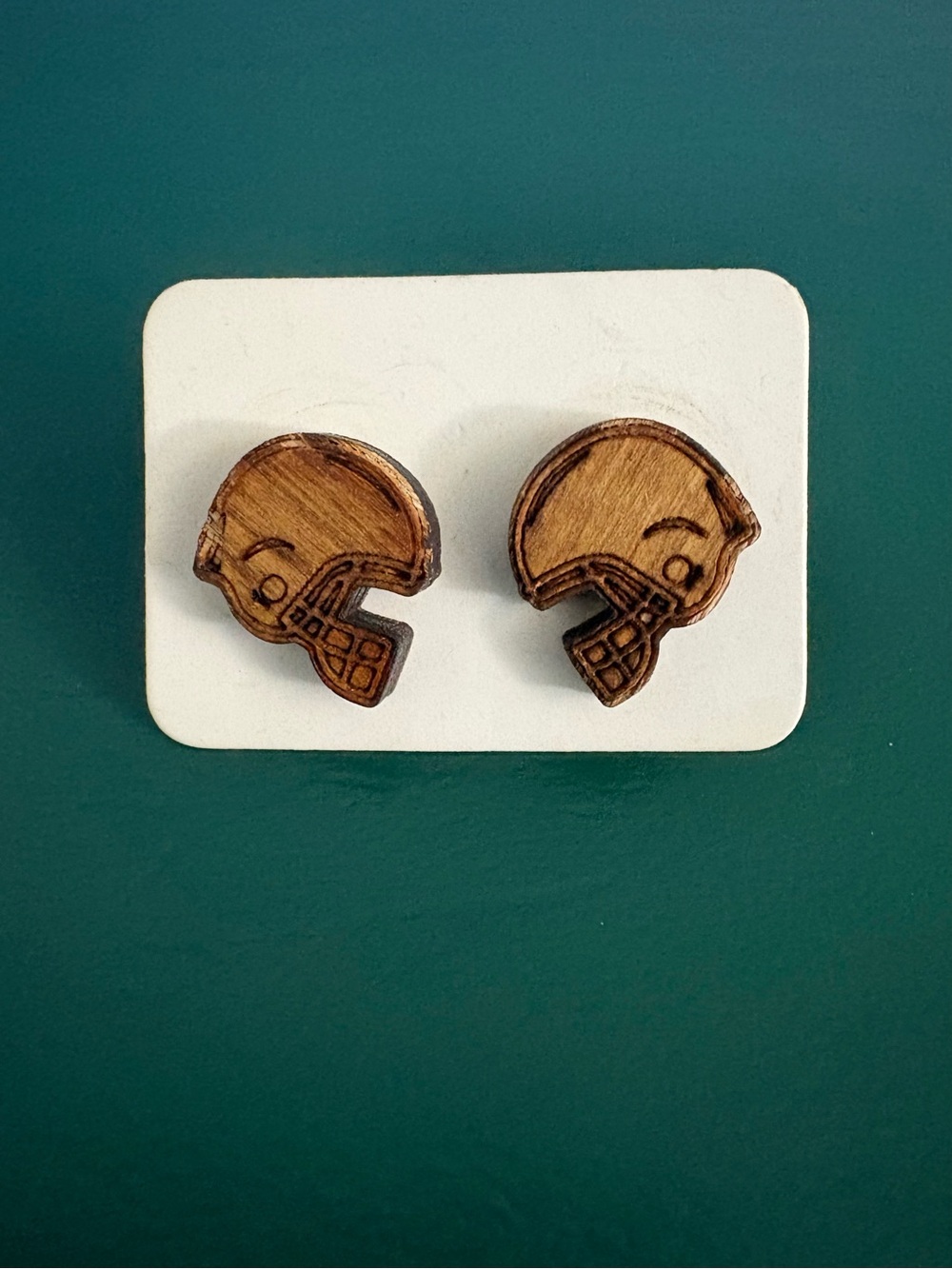 FOOTBALL HELMET EARRINGS | Etched Wood Post Studs - Picture 5 of 10